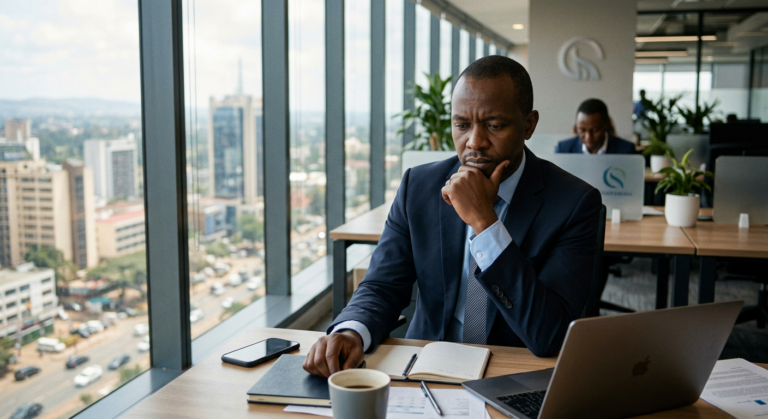 Professional Kenyan office worker sitting thoughtfully at a desk dealing with a mid-career plateau