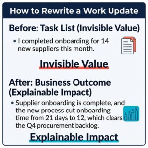 Infographic showing the formula for rewriting a work update from a simple task list ("Before") into a business outcome that shows impact ("After").