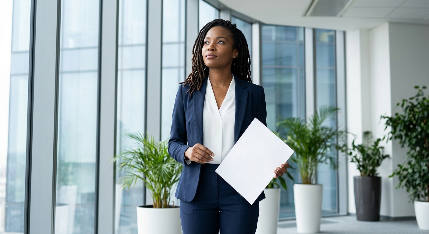 African professional standing by a large office window holding a career strategy document, representing career growth and professional momentum