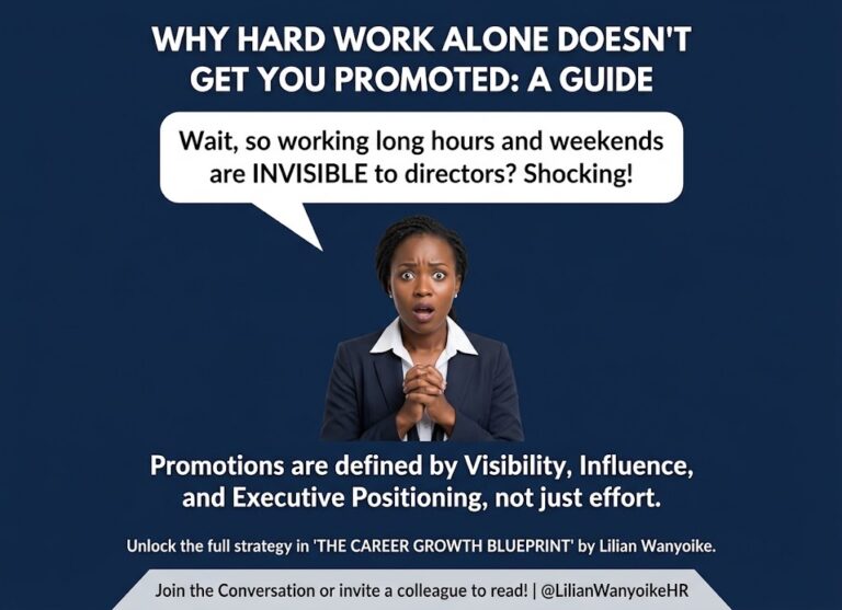 A shock and wonder-filled female professional in a dark navy suit looking at a speech bubble about long hours and weekend work being invisible to directors.